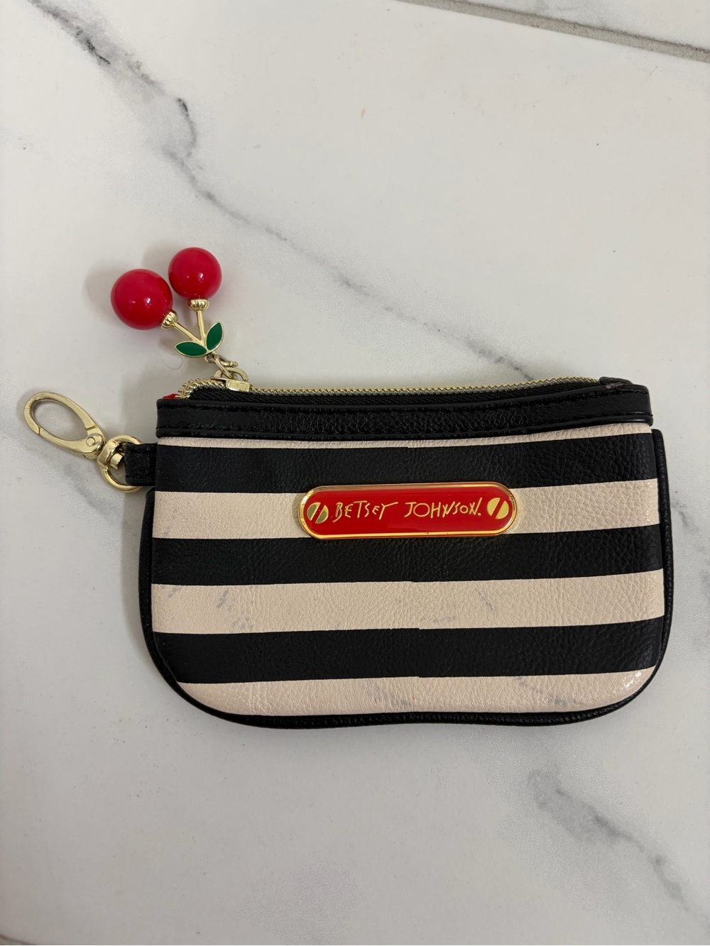 Betsey Johnson Black & Cream Striped Card Holder with Cherry Charm